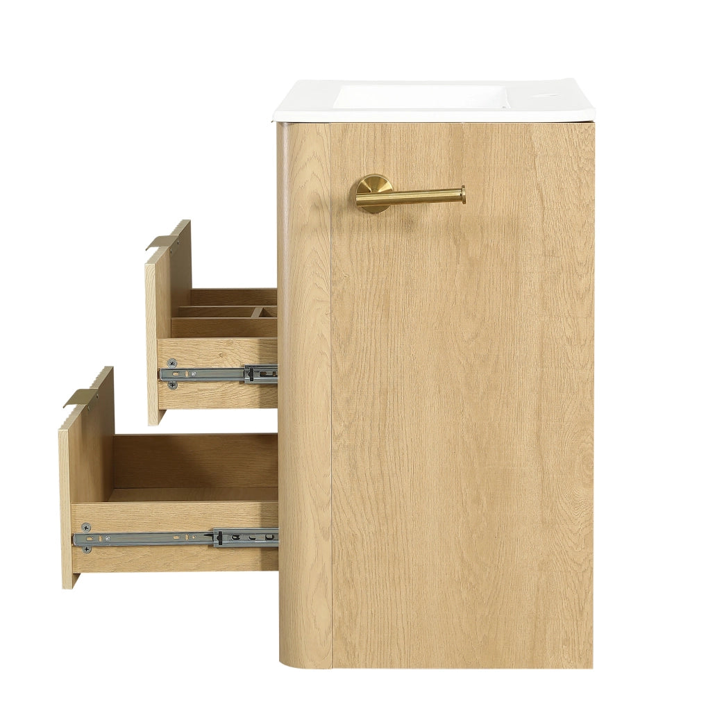 Mobile bagno 61 cm con lavabo in ceramica, cassetti e portarotolo montabile su entrambi i lati, finitura effetto legno e maniglie dorate, senza rubinetto