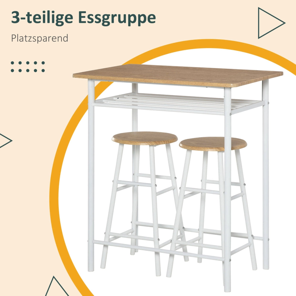 Set tavolo bar 3 pezzi con 2 sgabelli - MDF, metallo bianco e quercia, 80x50x90 cm