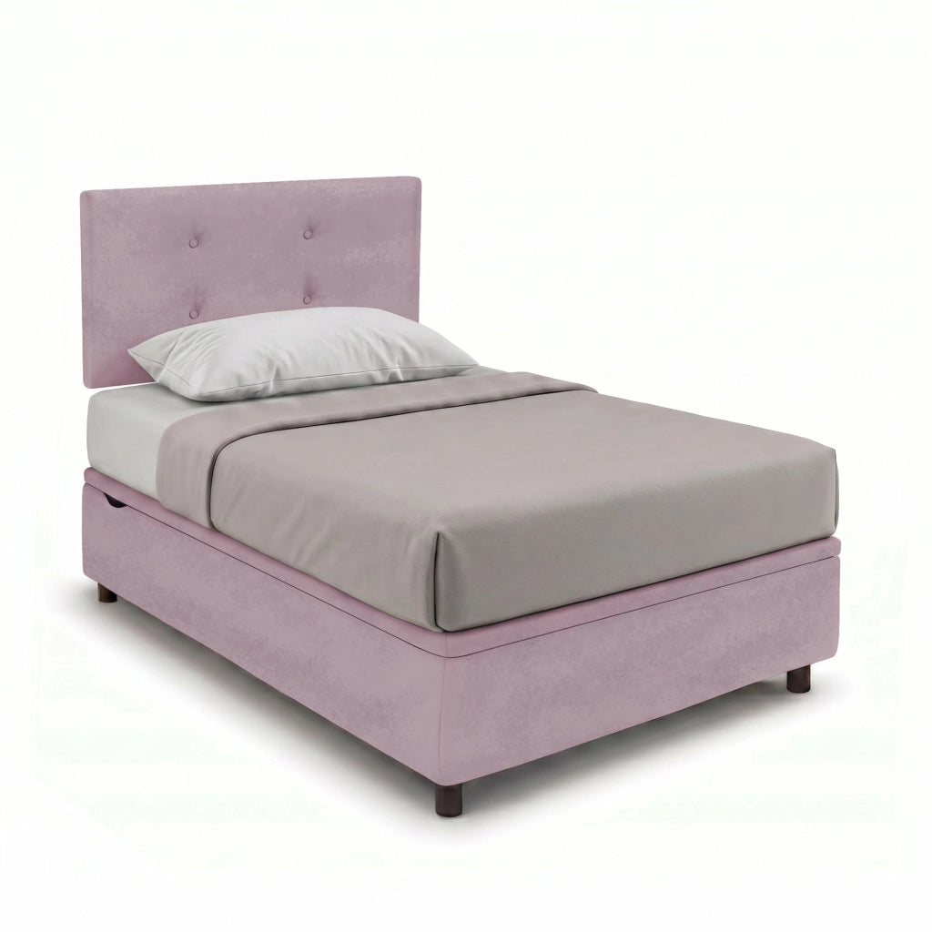 Letto Singolo Contenitore Imbottito 80x190 cm Microfibra Glicine BoxMax Testata Button