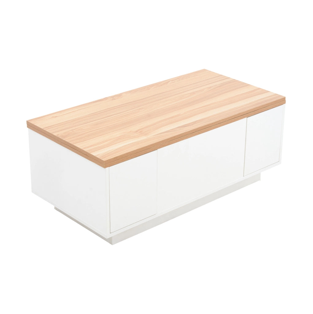 Tavolino da caffè sollevabile 100 x 50 cm bianco e legno, doppio piano