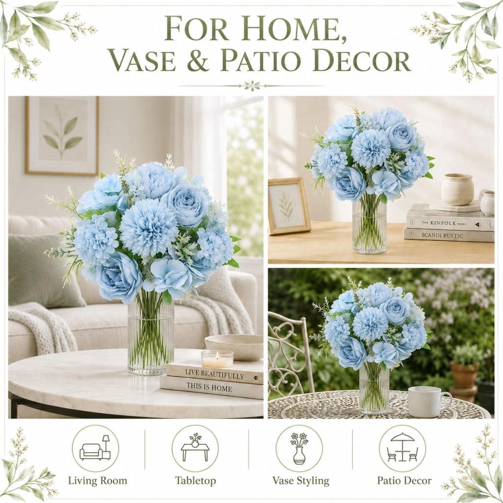 Fiori di peonia artificiali, blu, confezione da 8, aspetto realistico, adatti per vasi e decorazioni