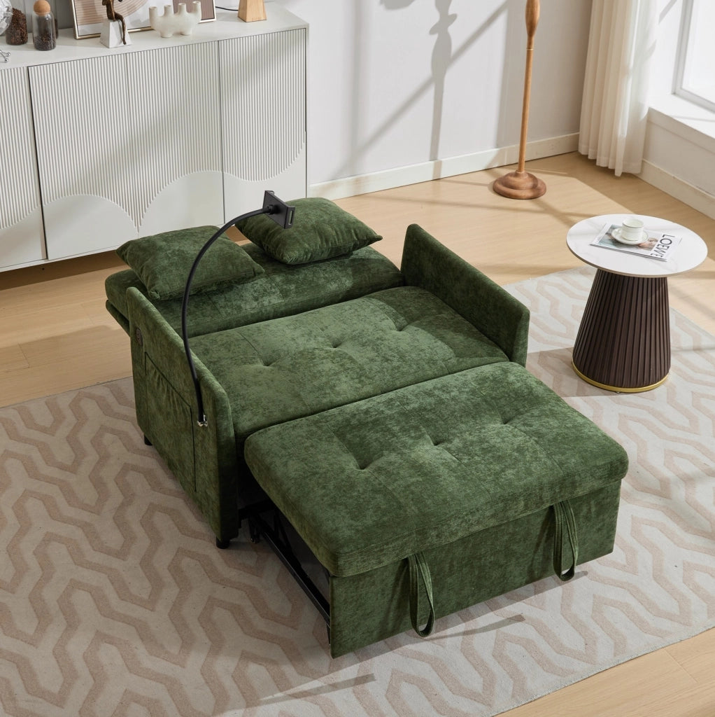 Divano in tessuto verde con presa USB e supporto per tablet