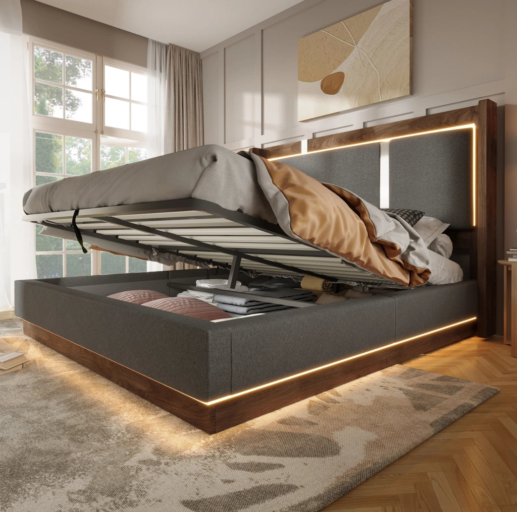 Letto matrimoniale imbottito 180x200 cm con rete a doghe, LED integrati e contenitore, grigio lino e noce, senza materasso