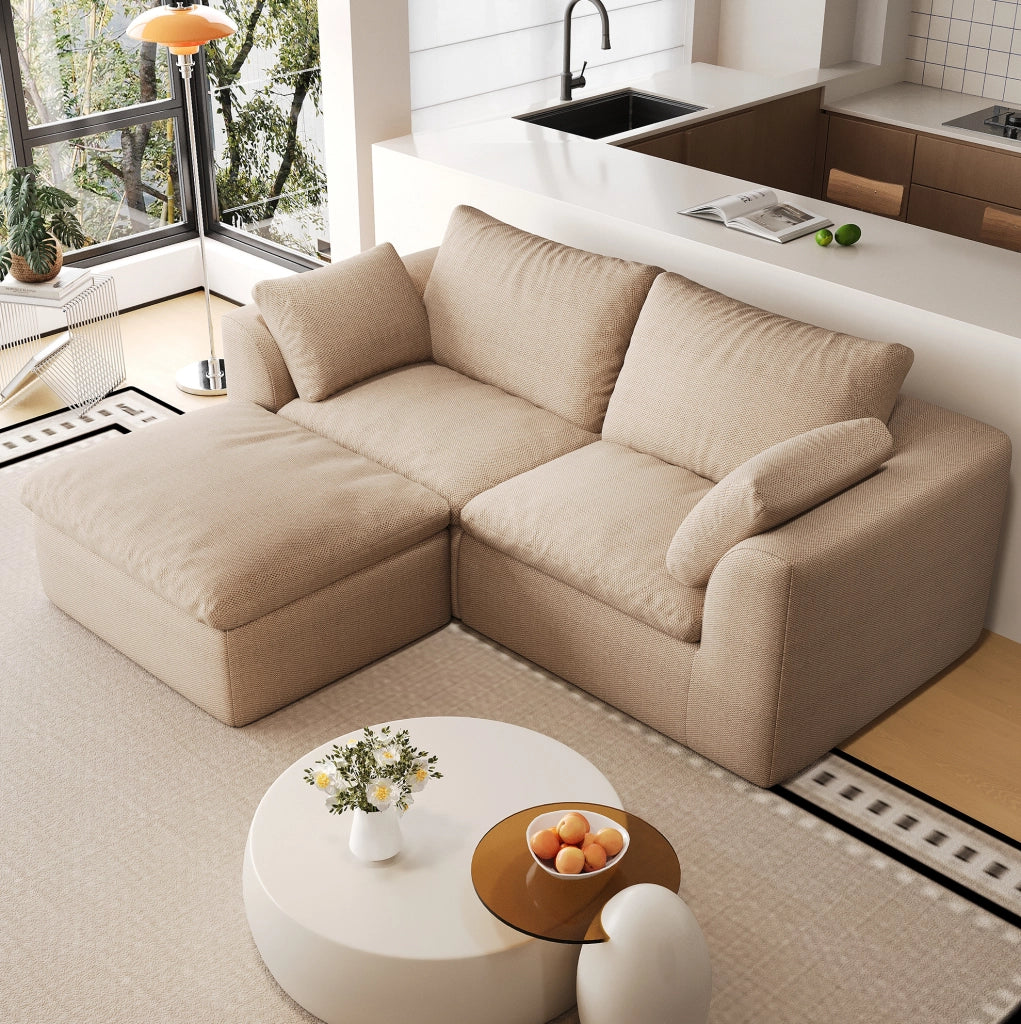 Divano angolare 3 posti 180x155x83 cm in tessuto di lino kaki con imbottitura in schiuma