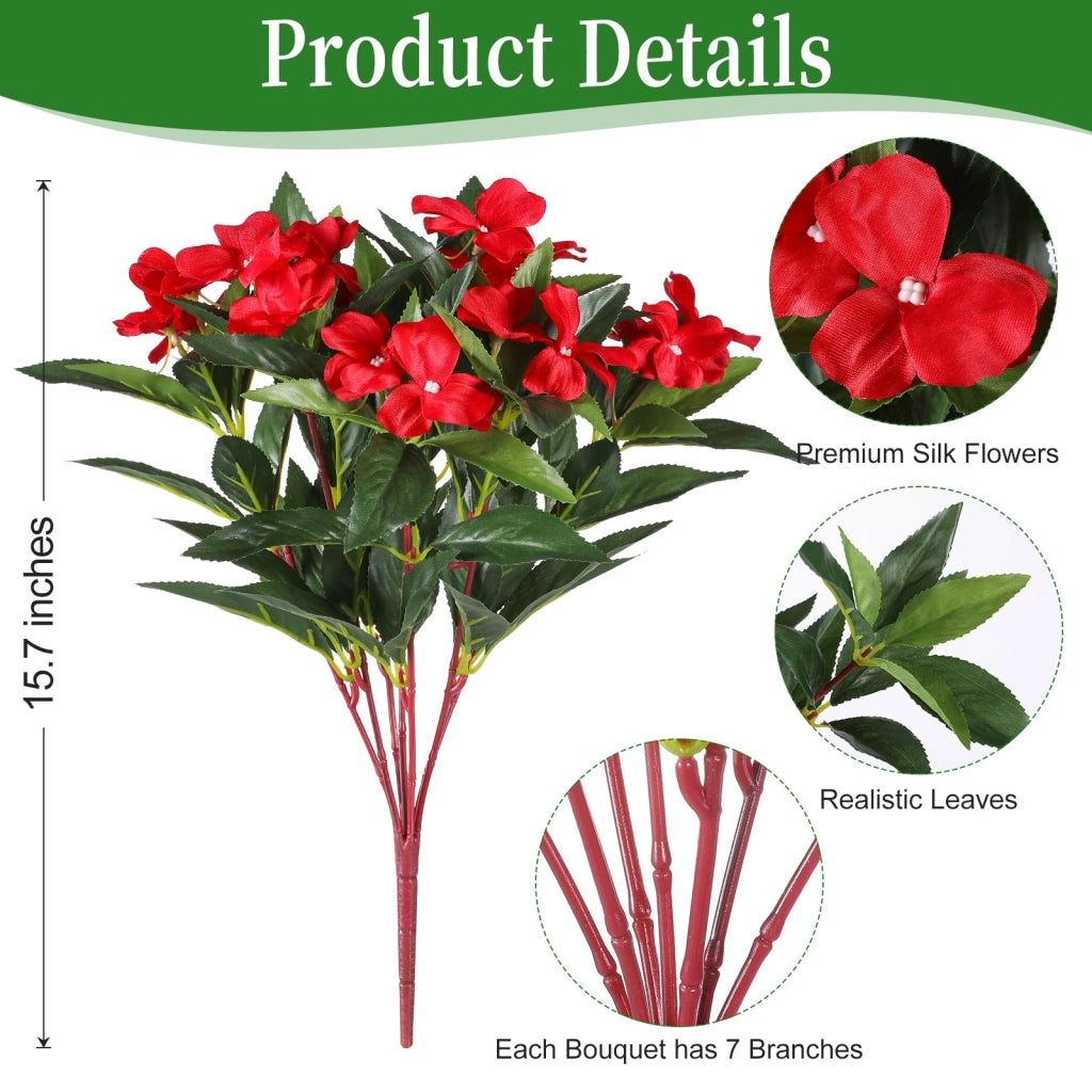 Set di 4 fiori artificiali, resistenti ai raggi UV, in seta, modello geranio e impatiens, colore rosso