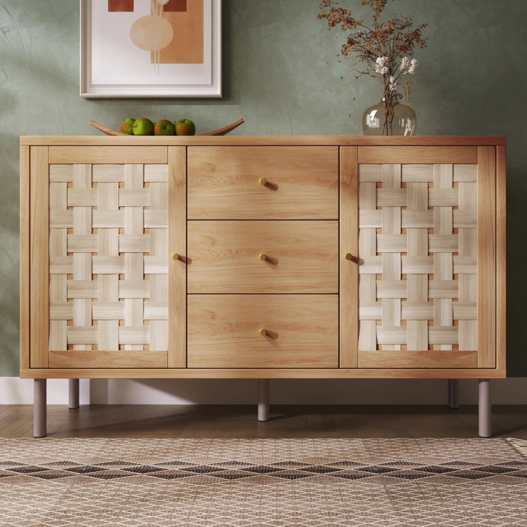 Credenza 120 × 40 × 75 cm in MDF color rovere con 2 ante 3 cassetti ripiani regolabili gambe in metallo