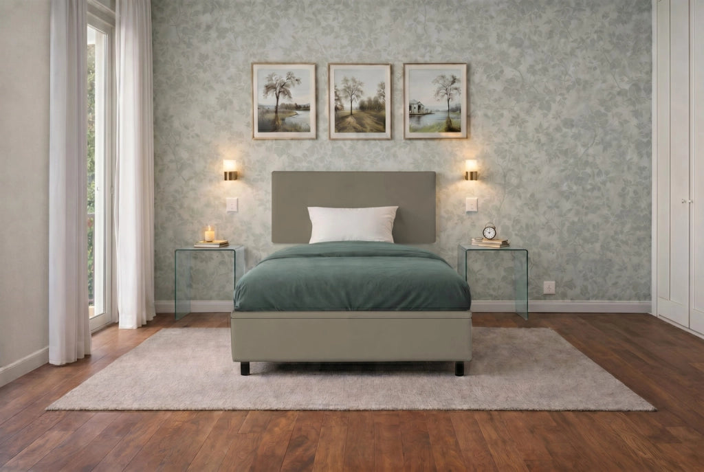 Letto Singolo Contenitore Imbottito 80x190 cm Similpelle Cappuccino BoxMax Testata Flat