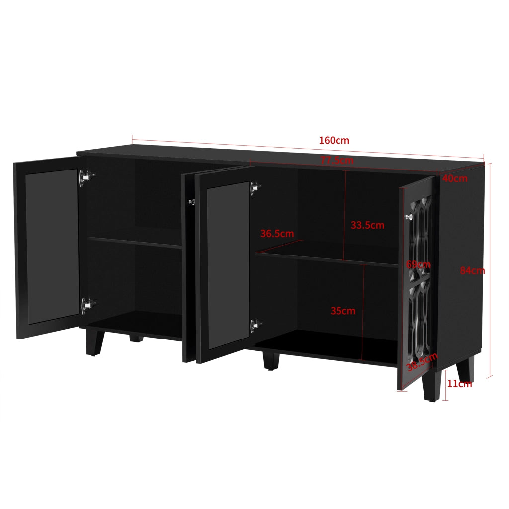 Credenza 160 × 40 × 84 cm con quattro ante due ripiani mobili in MDF nero e superficie a specchio con piedi in legno