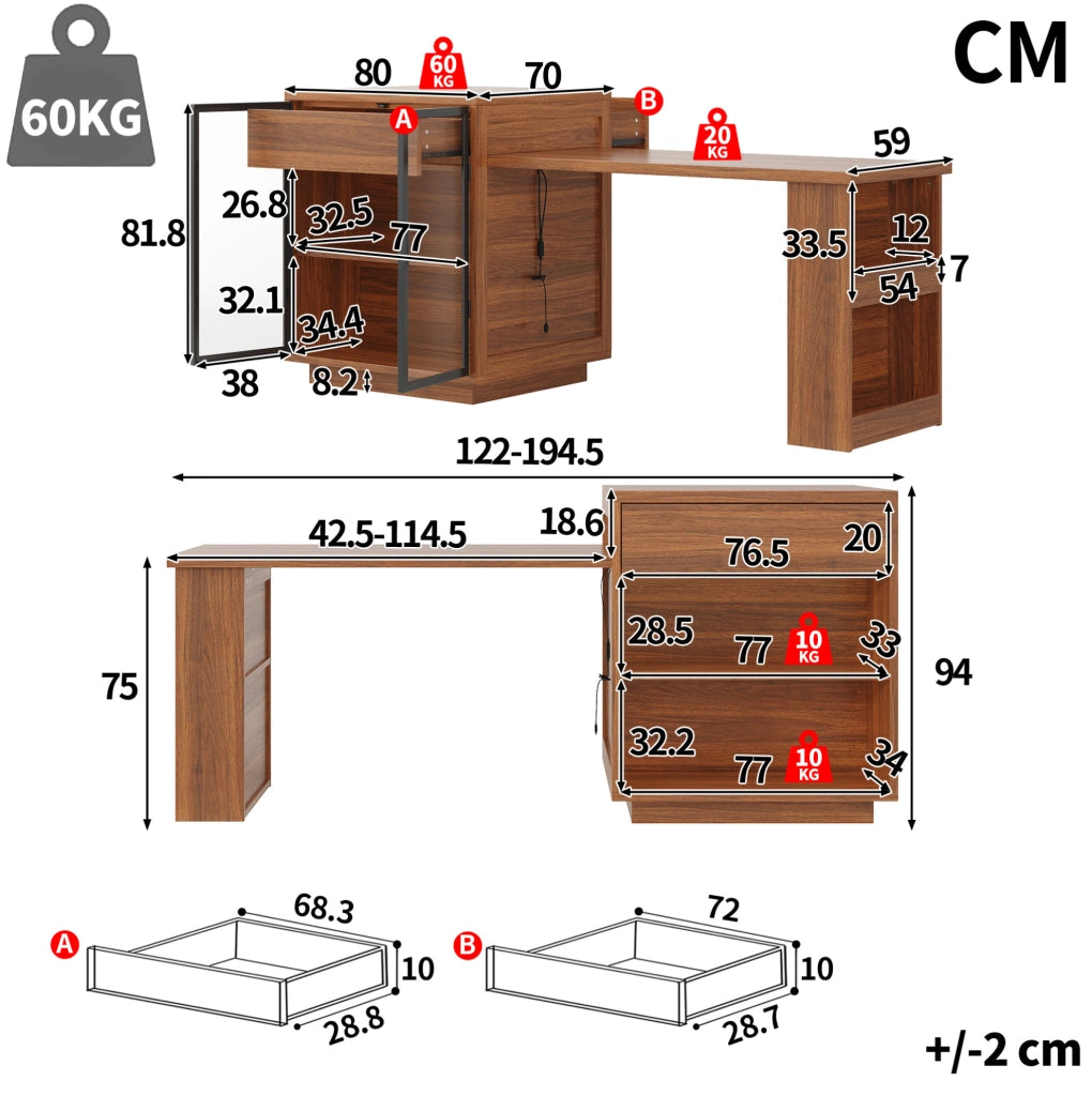 Isola cucina estensibile 122-194;5x70x94 cm MDF metallo marrone scuro