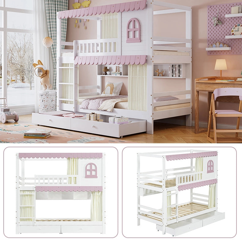 Letto a castello per bambini 90x200 cm con cassetti e ripiani in pino e MDF bianco e rosa