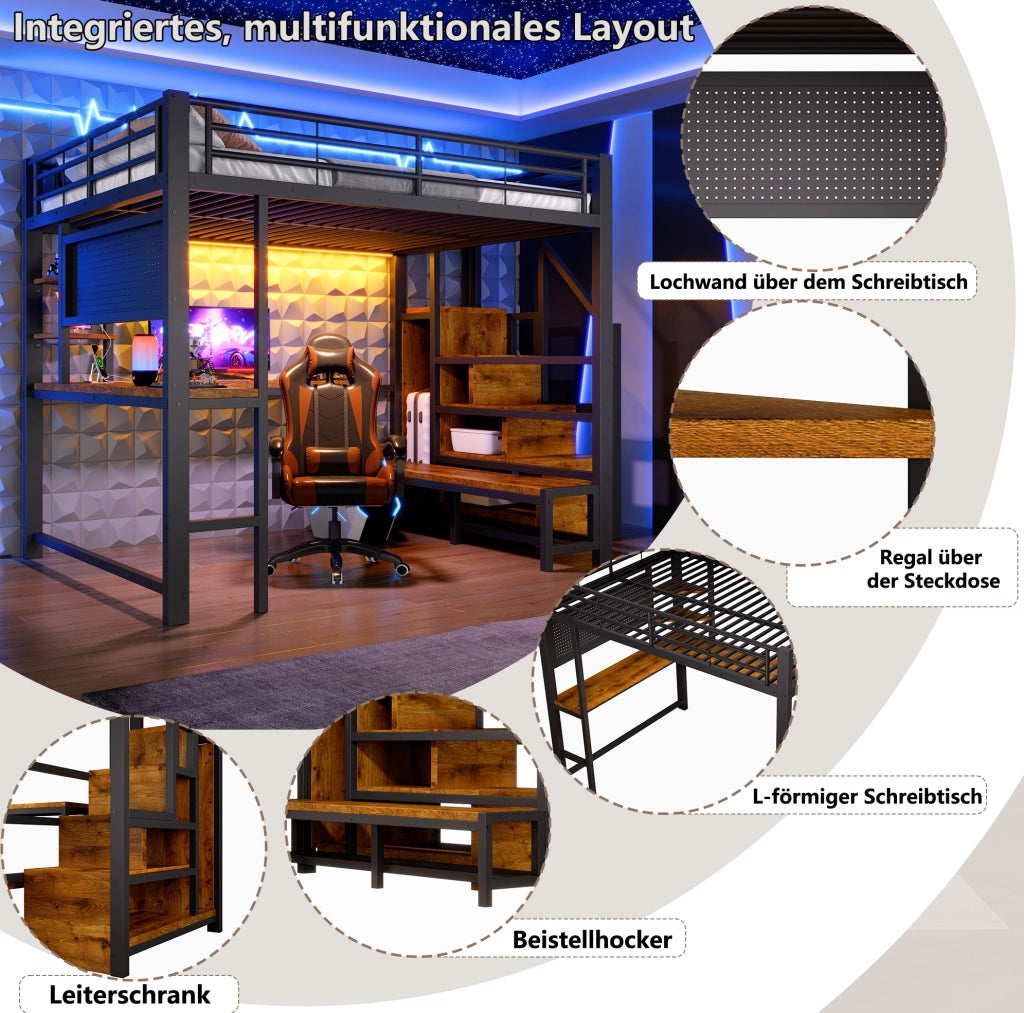 Letto a soppalco 140x200 cm con scrivania, illuminazione LED, USB e USB-C, struttura in metallo nera