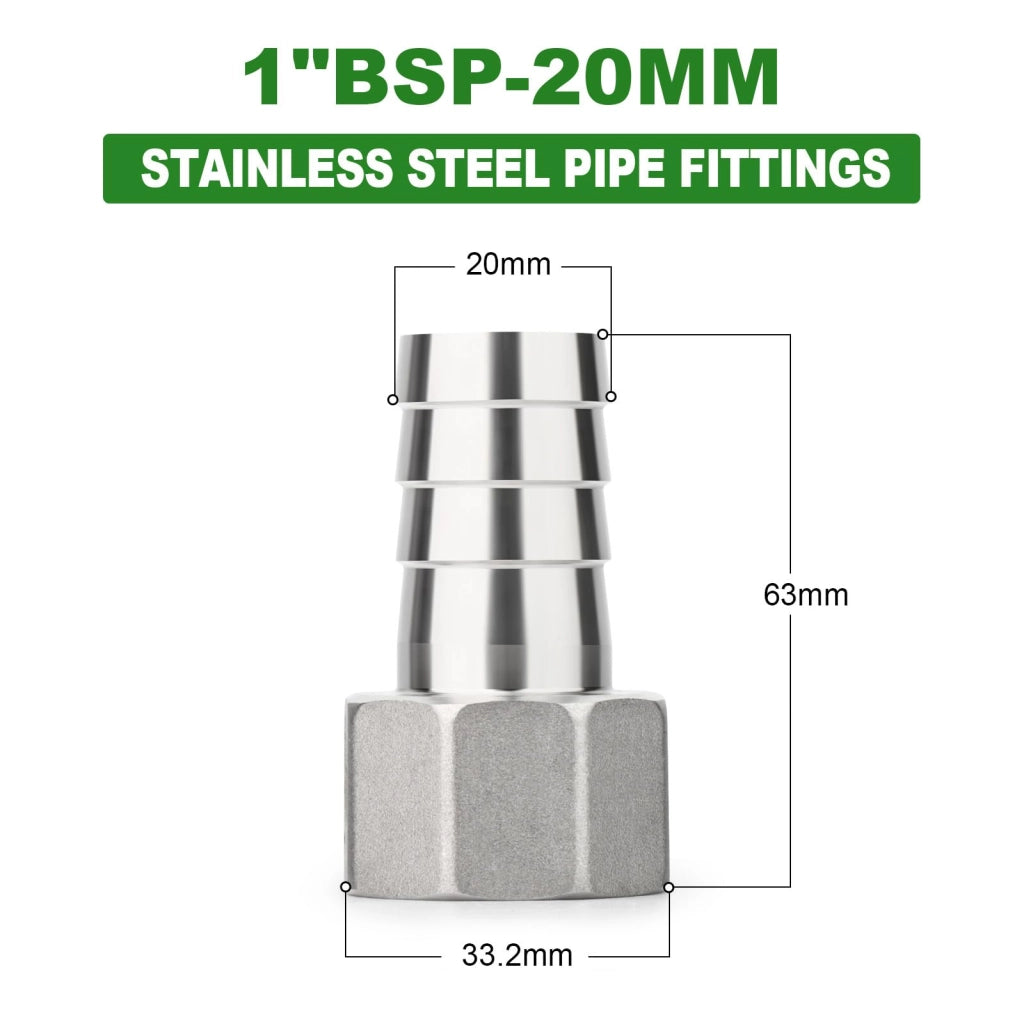 Set di 2 raccordi a barbetta in acciaio inossidabile 304, dimensioni 20 mm x 1" BSP