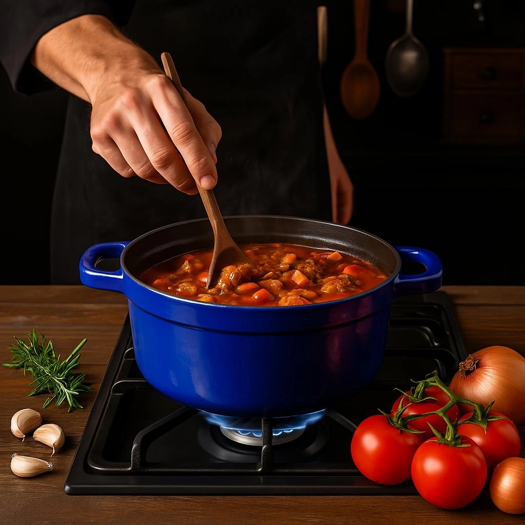 Cocotte in ghisa, 24 cm, 3,6 L, blu, con coperchio, ideale per stufati