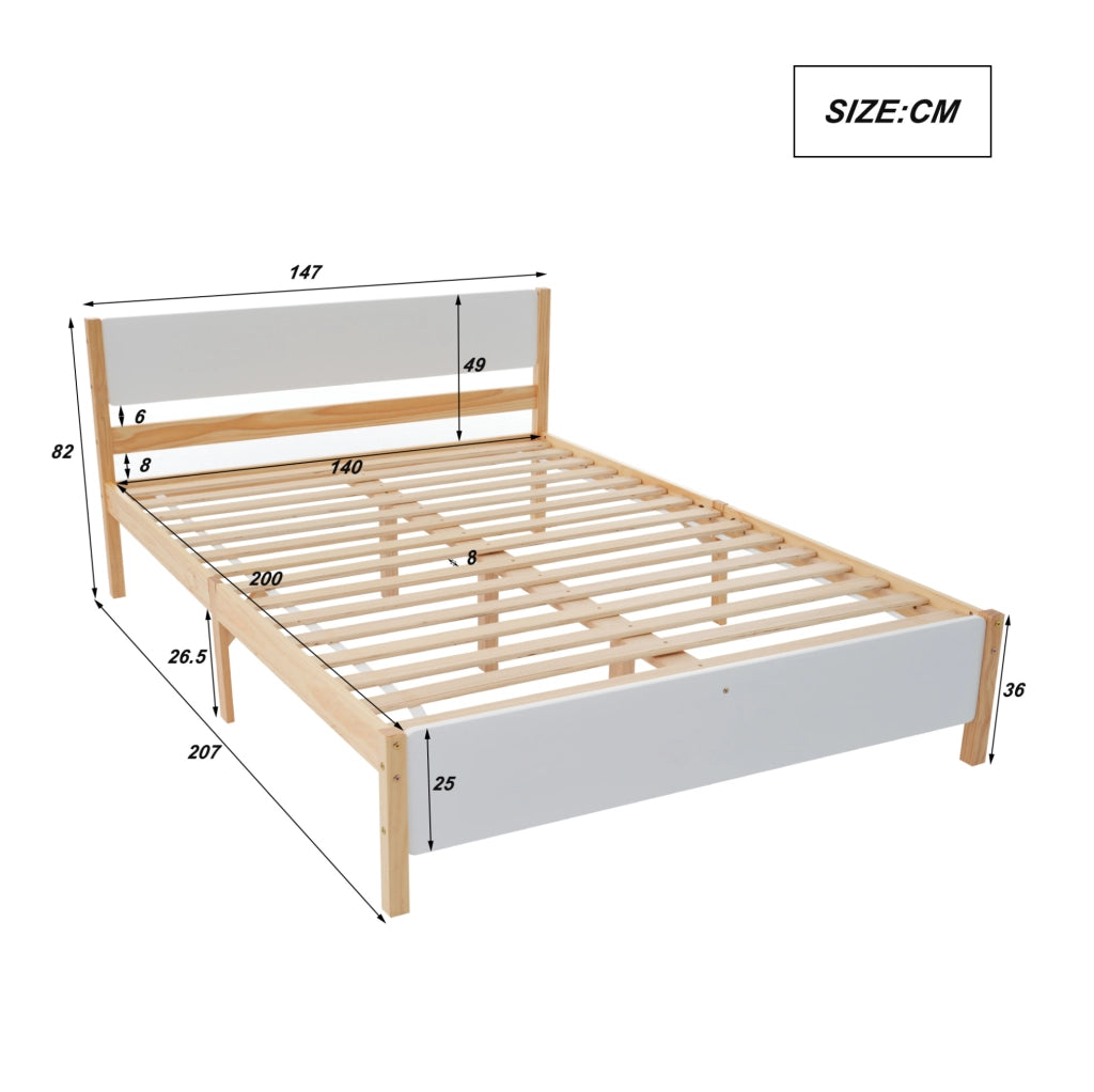 Letto matrimoniale 140x200 cm in legno di pino e MDF con 15 doghe; bianco e naturale