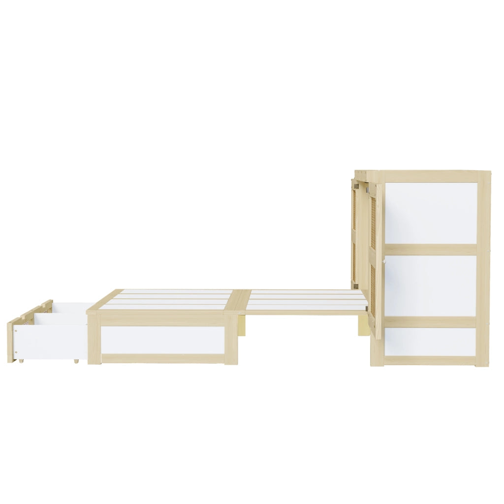 Letto a scomparsa verticale 140 × 200 cm con rete a doghe e cassetti in legno color naturale rattan