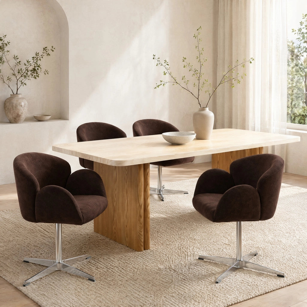 Sedia da pranzo girevole IVMEU a 360¡ã in tessuto marrone con struttura in acciaio inox lucido