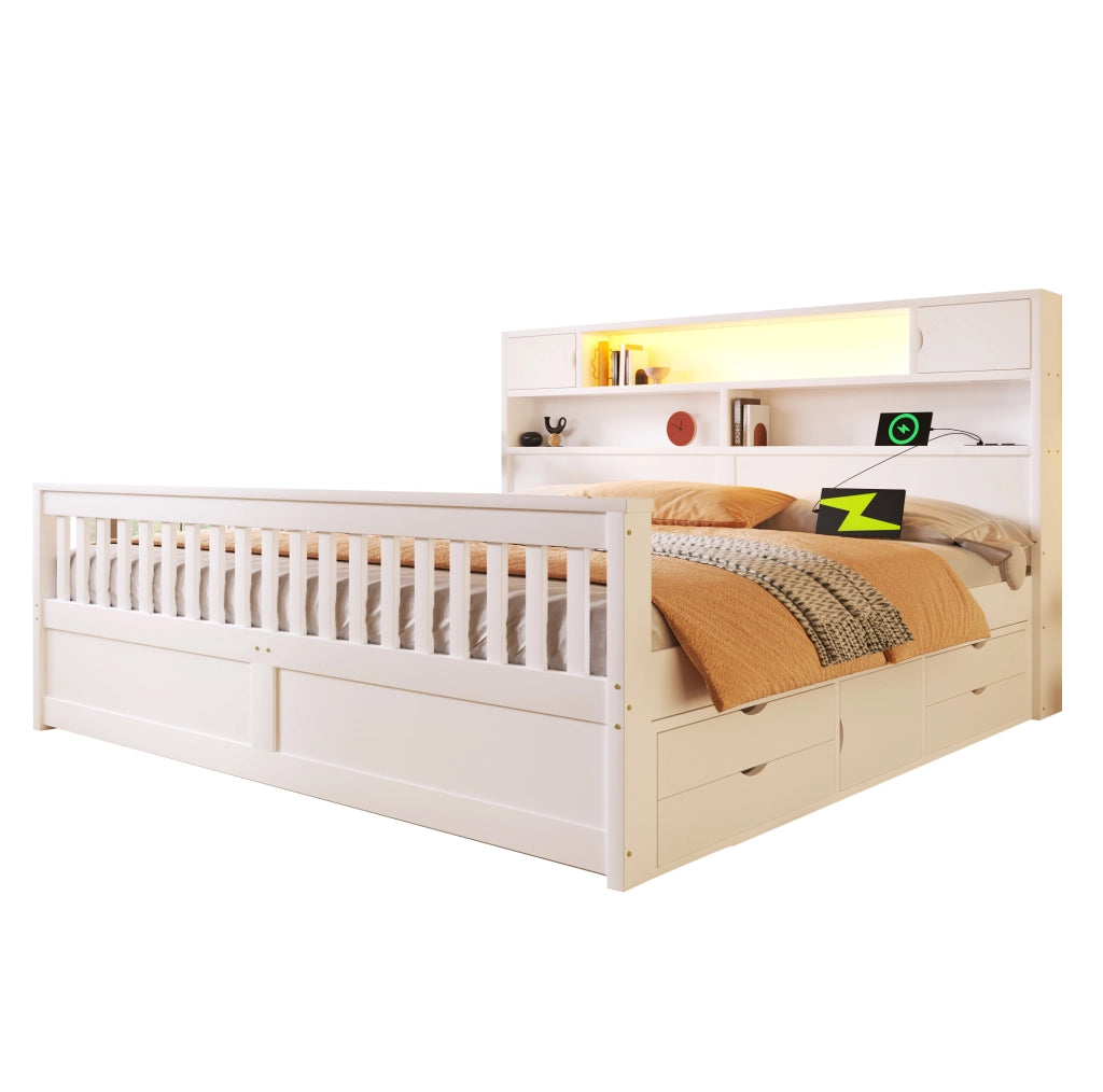Letto 180 × 200 cm con testiera libreria LED e 4 cassetti; MDF e compensato; bianco
