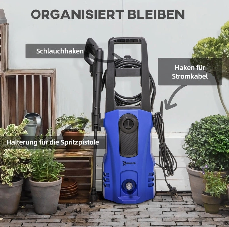 Idropulitrice 1800 W blu in alluminio, 150 bar con ruote, 5 pezzi