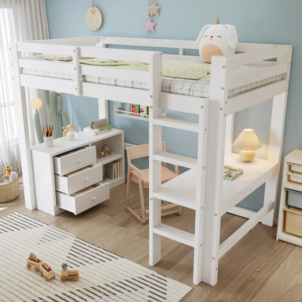 Letto a soppalco per bambini 90 × 200 cm con scrivania cassetti scaffale rete a doghe in legno bianco