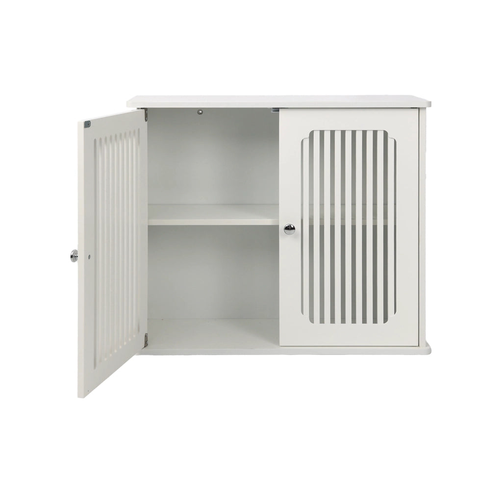Mobile da bagno sospeso 69,3 × 43,8 × 11 cm con doppie ante a lamelle in MDF e pannello truciolare bianco