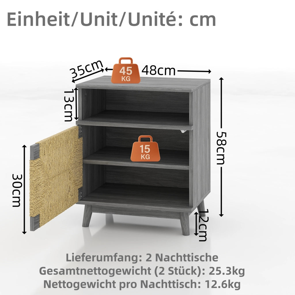 Set di 2 comodini grigi 48x35x58 cm in legno con ripiano regolabile