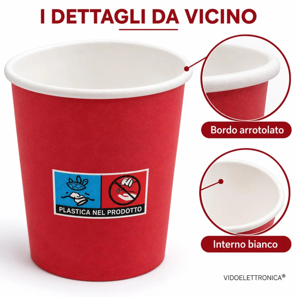 Bicchieri di carta da 180 ml, confezione da 100 pezzi, colore rosso, biodegradabili