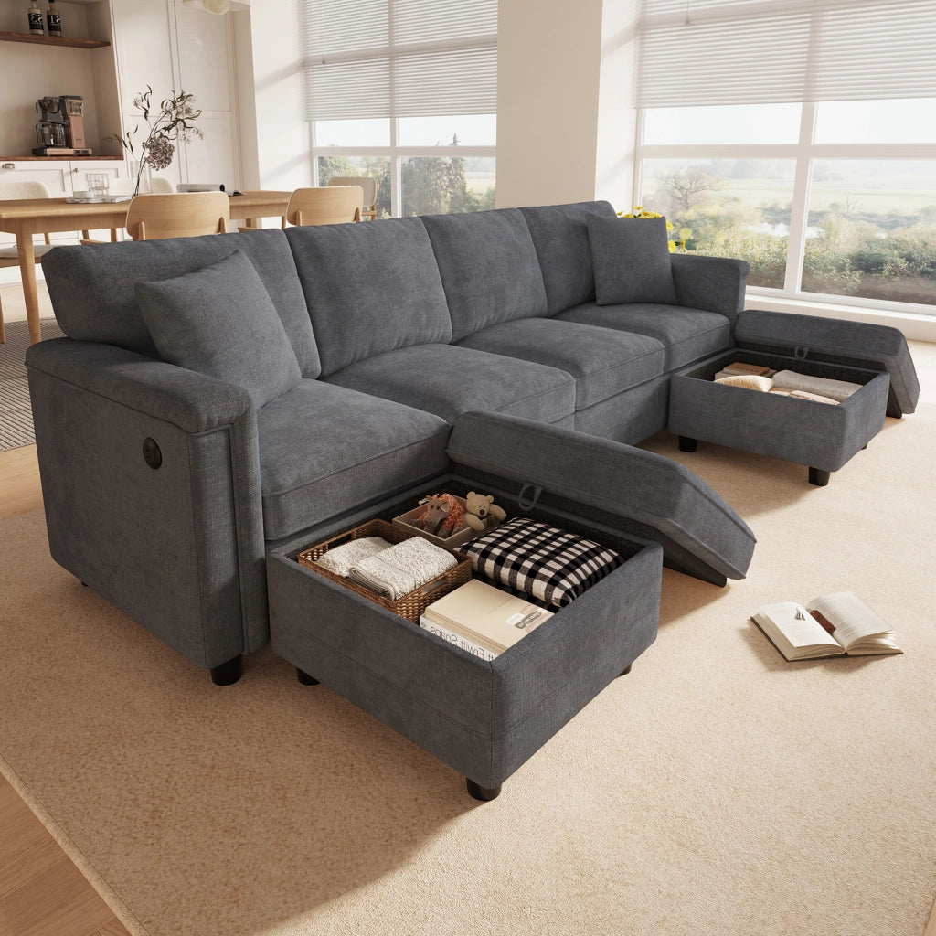Divano modulare in ciniglia grigio con due pouf contenitore