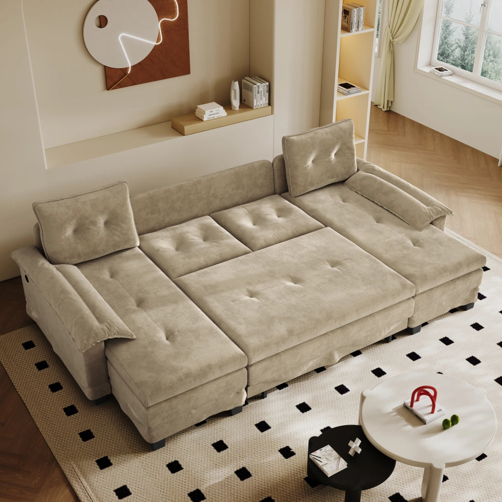 Divano letto panoramico a U modulare in chenille color cammello con letto estraibile; USB e 4 cuscini schienale