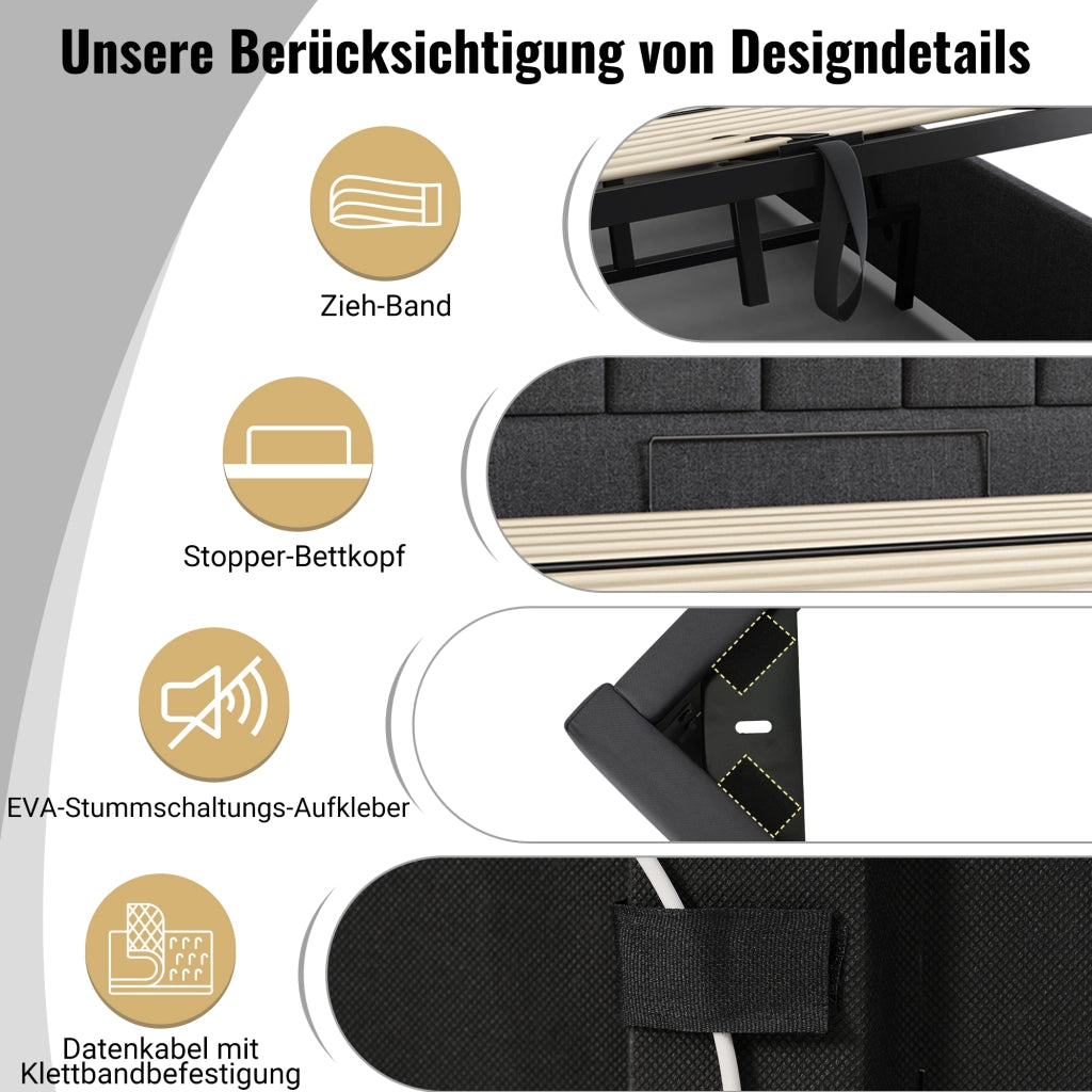 Letto matrimoniale contenitore 160 × 200 cm con LED app ricarica USB USB C 20 W lino grigio rete a doghe