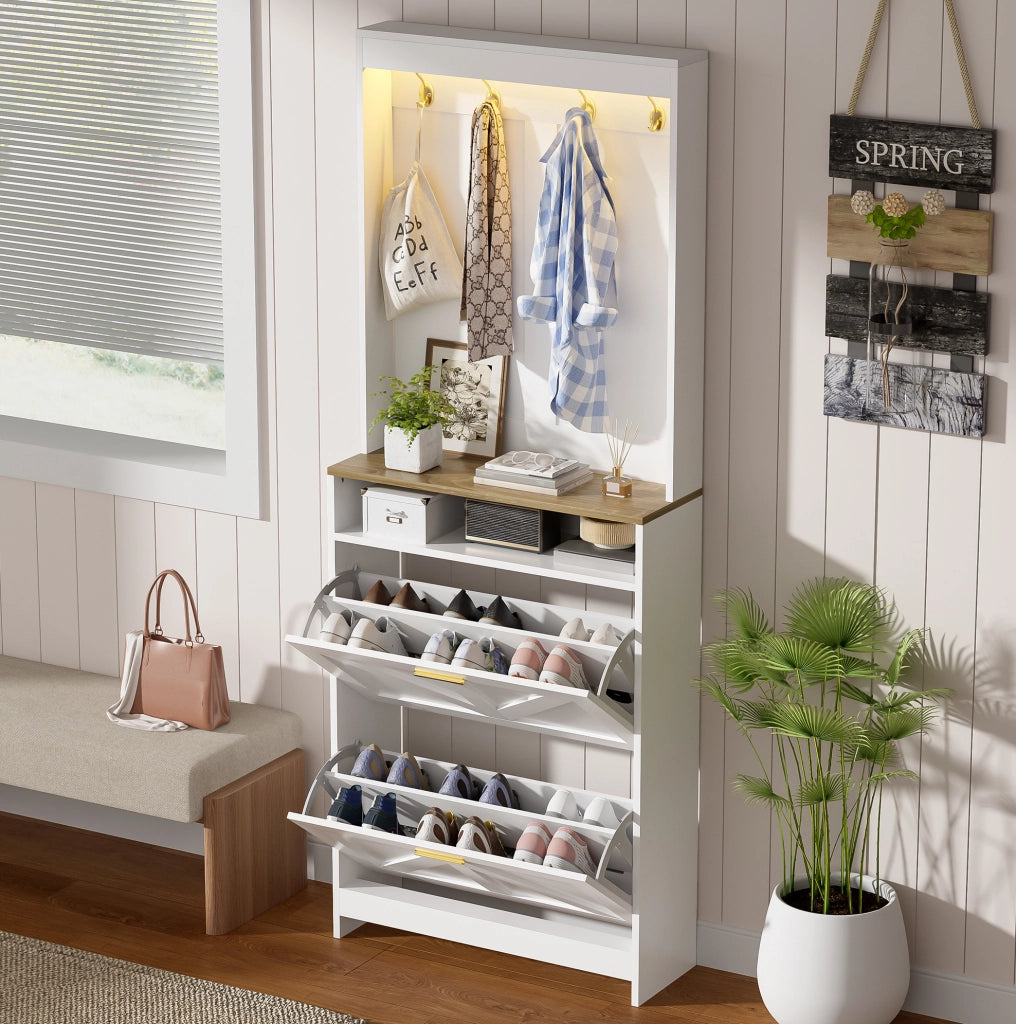 Scarpiera slim con LED, 2 vani a ribalta e ganci, bianco e naturale, 70 x 24 x 180 cm