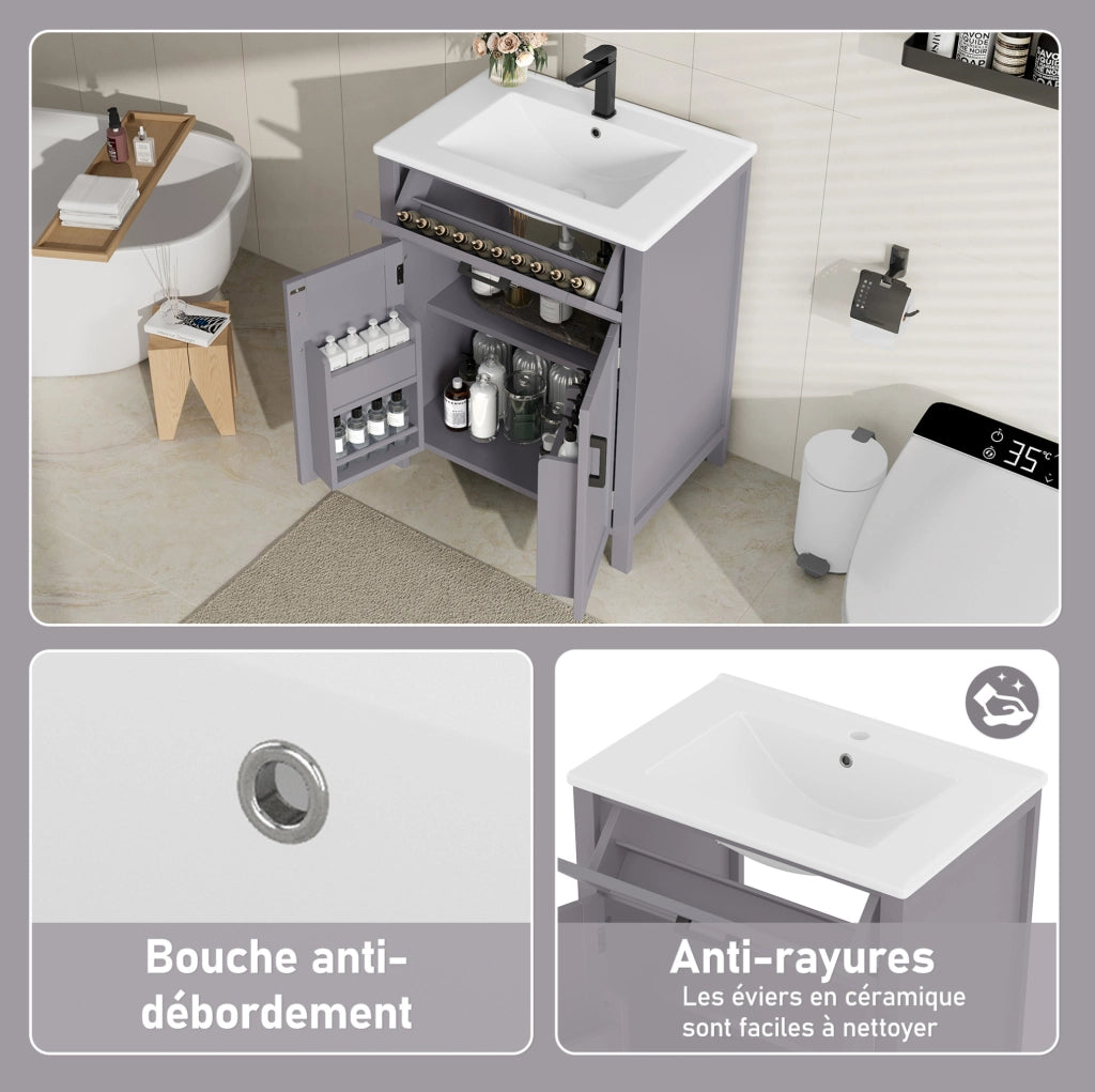 Mobile bagno grigio in MDF con lavabo in ceramica integrato, 60x46x84,8 cm, doppia anta e ripiani regolabili