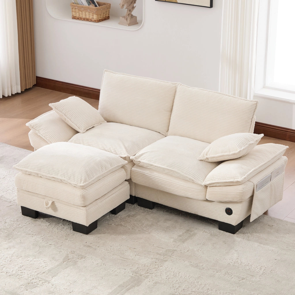 Divano 2 posti con pouf 190x132x84 cm con porta USB-C in velluto a coste beige