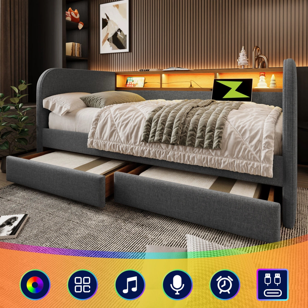 Struttura letto 140 × 190 cm con LED USB e type C due cassetti testiera con ripiano in lino grigio