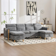 Divano modulare 4 posti in ciniglia grigio chiaro con 2 pouf contenitore
