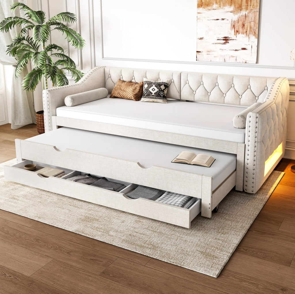 Letto singolo 90x200 cm con letto estraibile; 3 cassetti e luci LED; beige