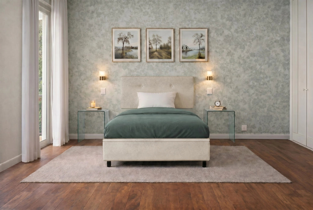 Letto Singolo Contenitore Imbottito 80x200 cm Similpelle Tortora BoxMax Testata Button