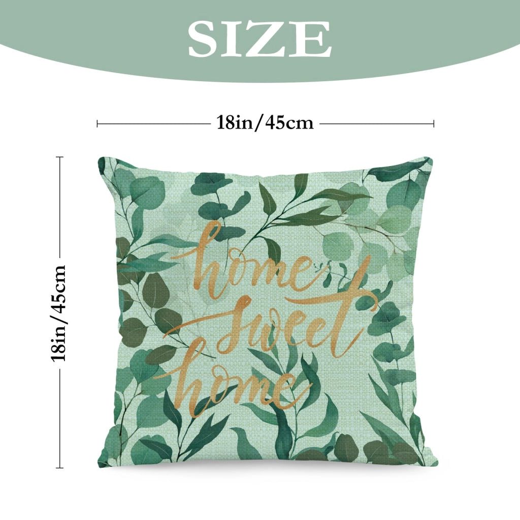 Cuscini decorativi, set da 4, 45x45 cm, in lino, con motivo di foglie verdi