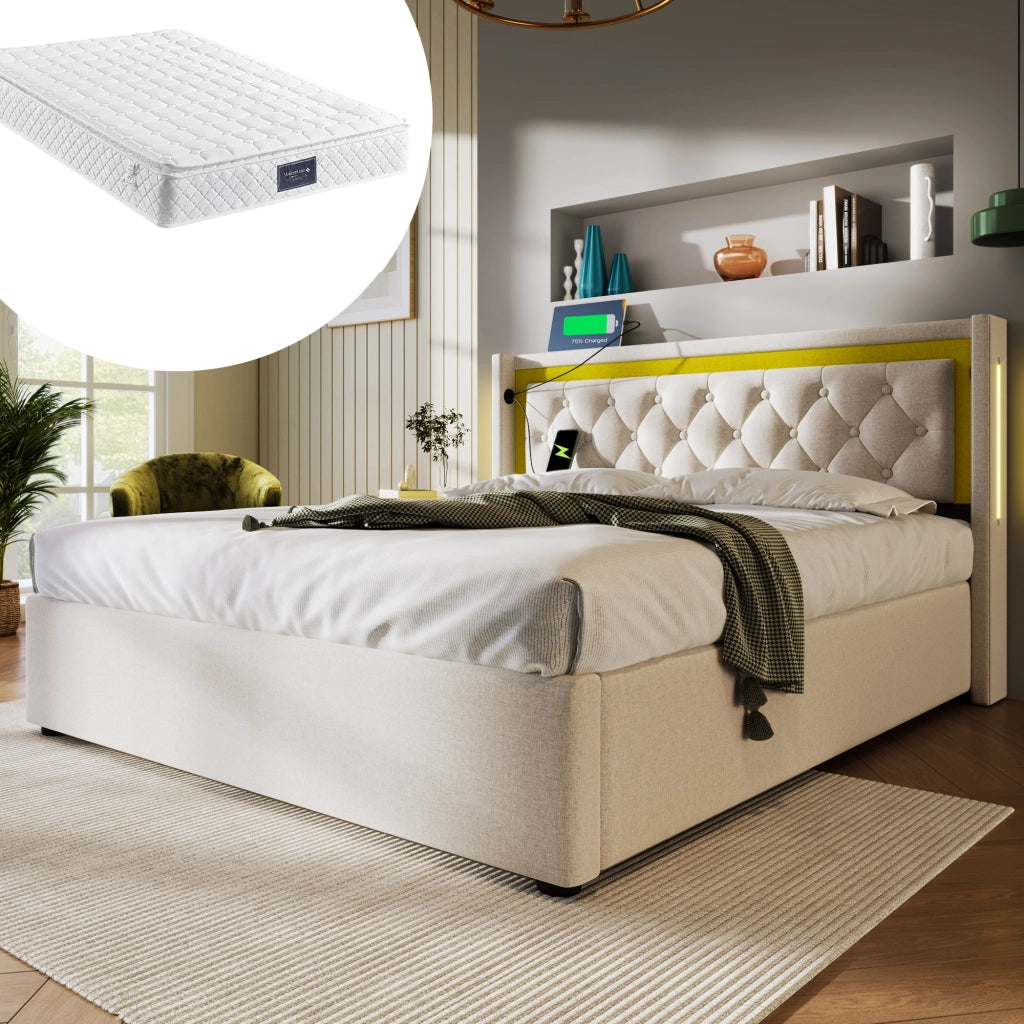 Letto matrimoniale contenitore 140 × 200 cm con materasso a molle led usb tipo c cotone beige rete a doghe