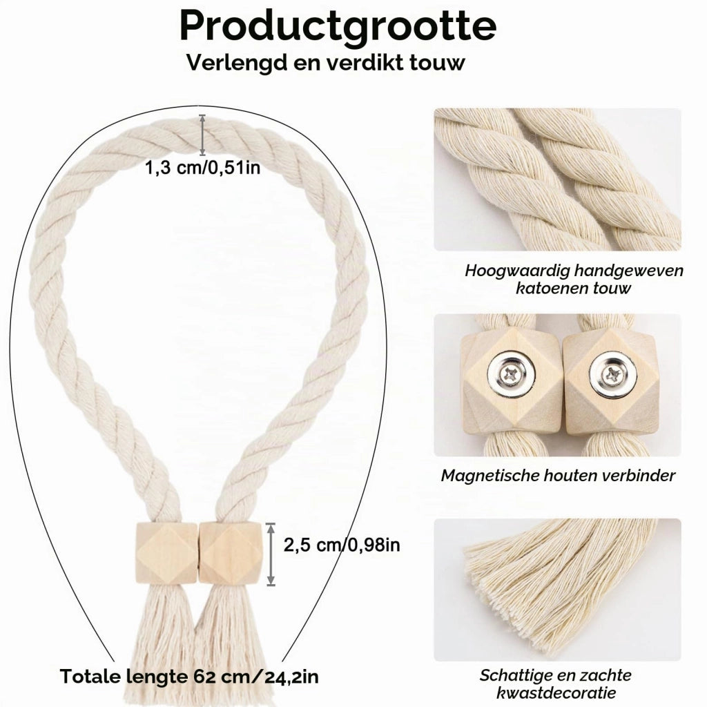 4 supporti per tende magnetici, realizzati in cotone e legno, color beige