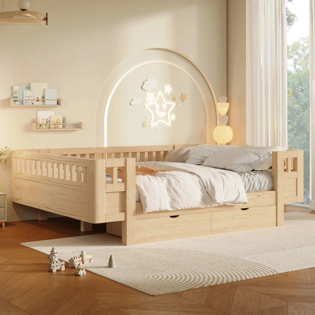 Letto per bambini 140x200 cm con sponde alte e 2 cassetti; struttura in pino e MDF; colore legno chiaro