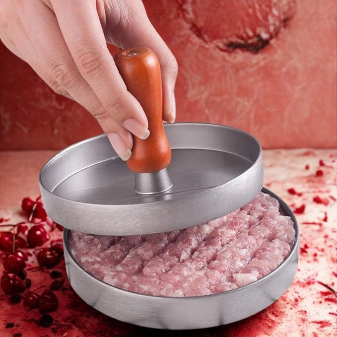 Pressa per hamburger, in alluminio, diametro 12 cm, con manico in legno