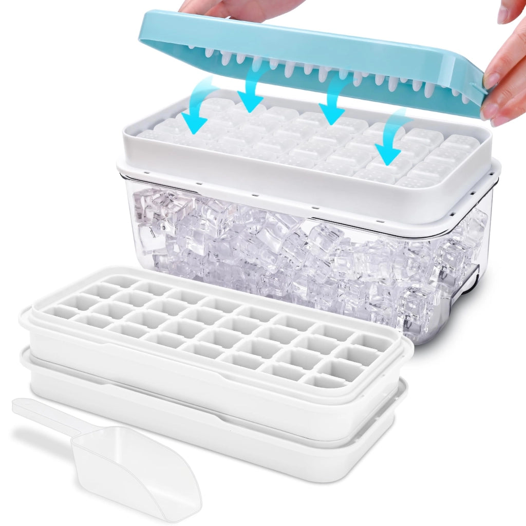 Contenitore per cubetti di ghiaccio con coperchio, capacità per 64 cubetti, colore blu, adatto per alimenti
