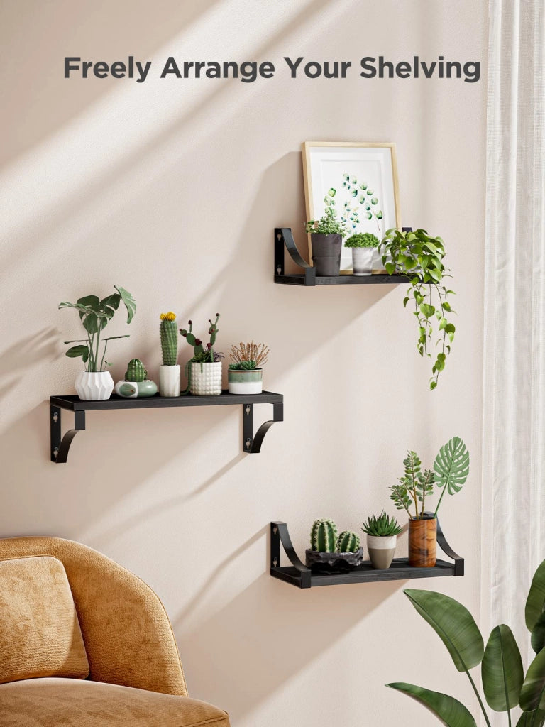 Mensole sospese, set di 3, legno rustico, colore nero, da montare a parete