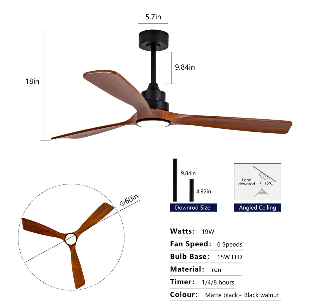 Ventilatore da soffitto da 60 pollici con luce regolabile e telecomando, noce e nero