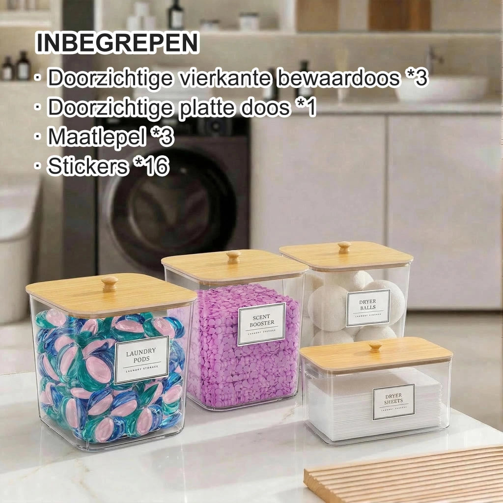 Contenitori per detersivi, set da 3+1, trasparenti, con coperchi in bambù