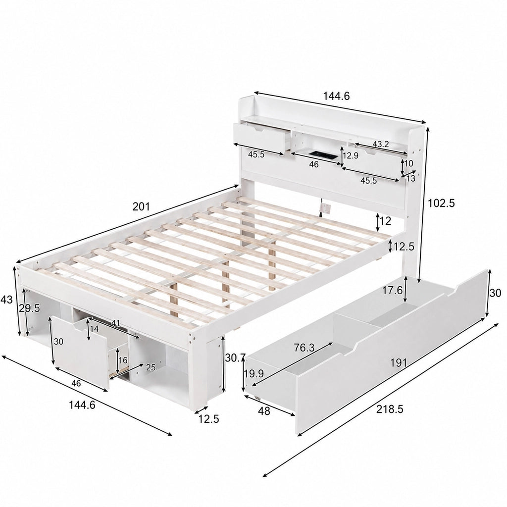 Letto 140x200 cm per materasso con cassetti contenitore; USB e ripiani; bianco