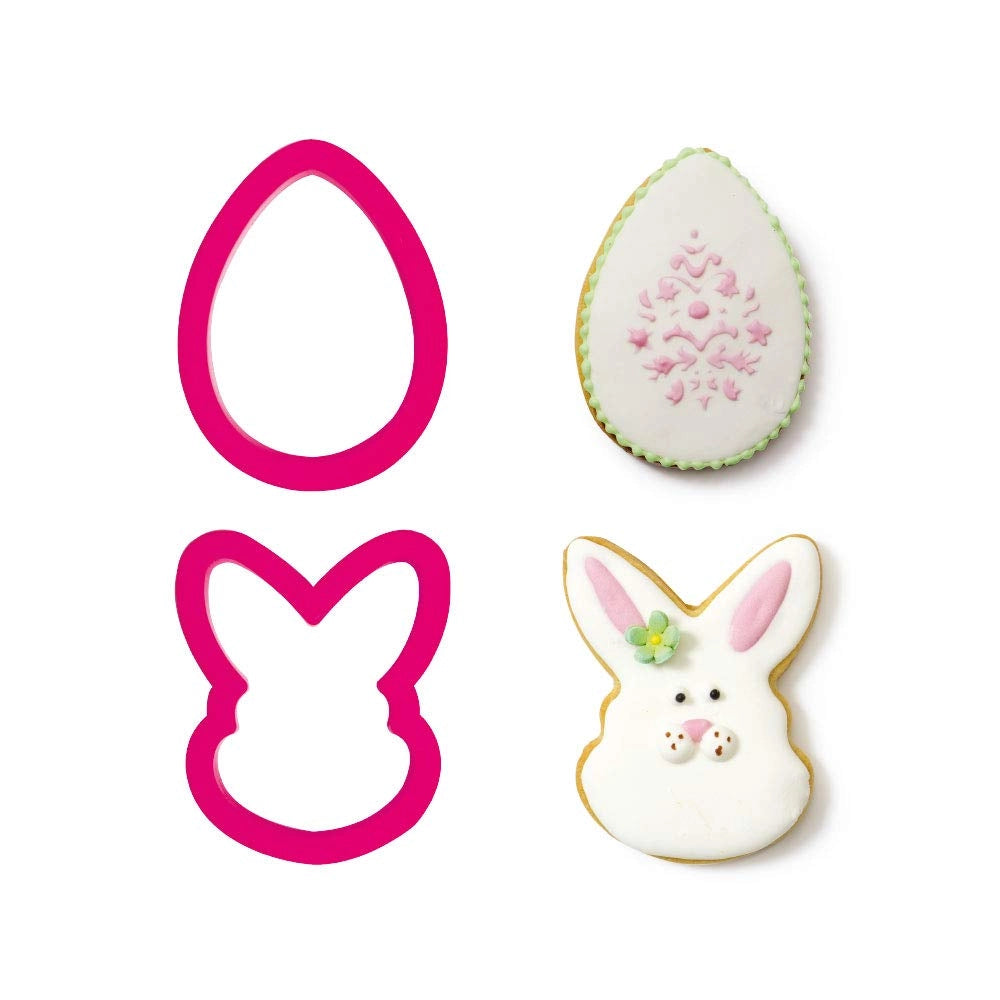 Set di formine per biscotti, a forma di uovo e coniglietto, composto da 2 pezzi, dimensioni 8/9 x altezza 2,2 cm