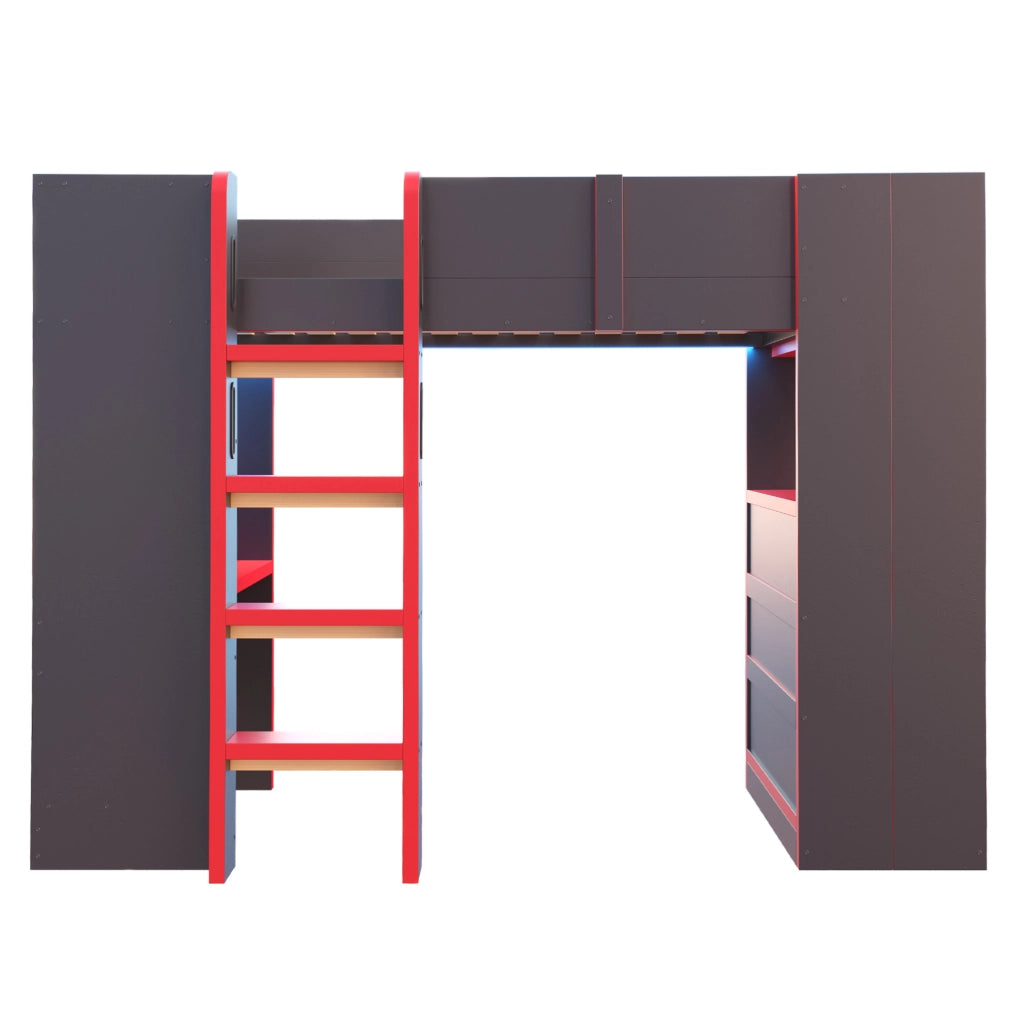 Letto a soppalco 90x200 cm con scrivania, LED e prese in pino, compensato e MDF nero e rosso