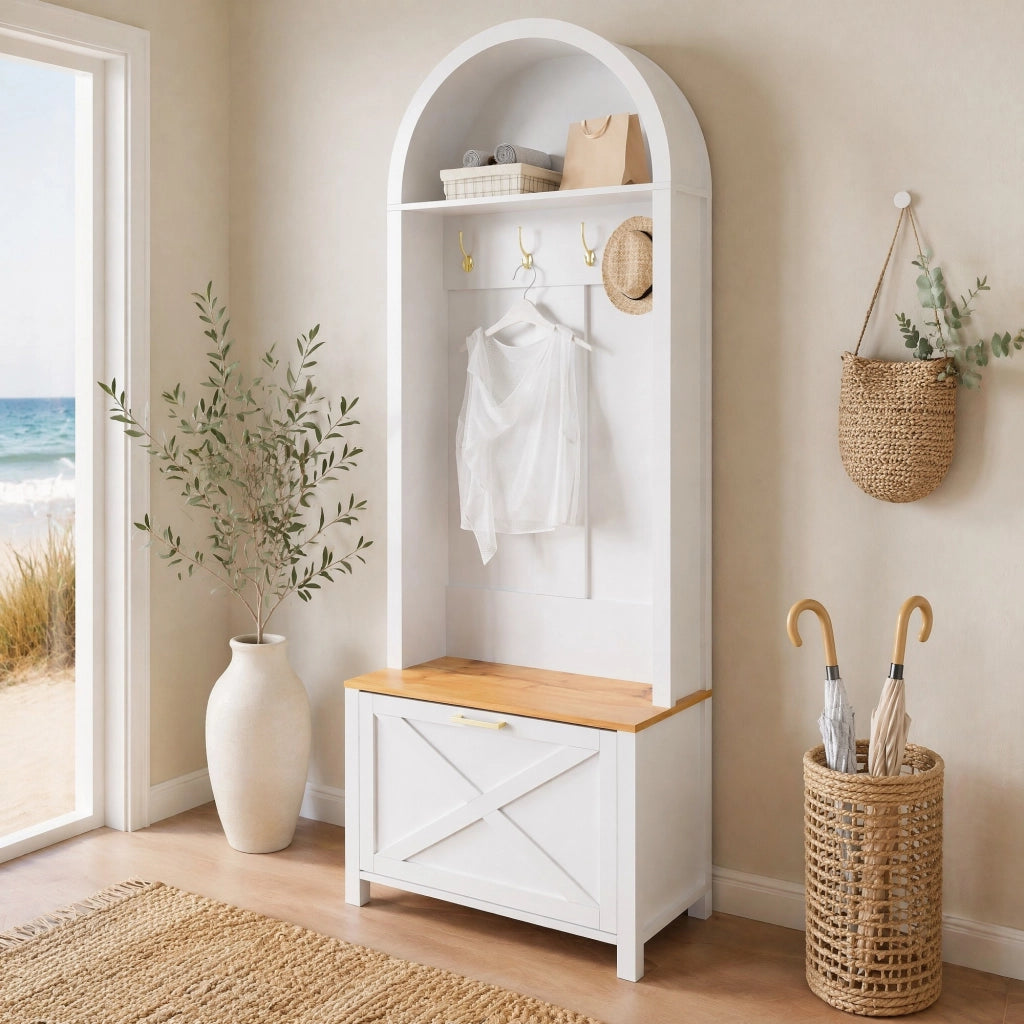 Guardaroba da ingresso 75x35x195 cm in MDF bianco e legno con scarpiera