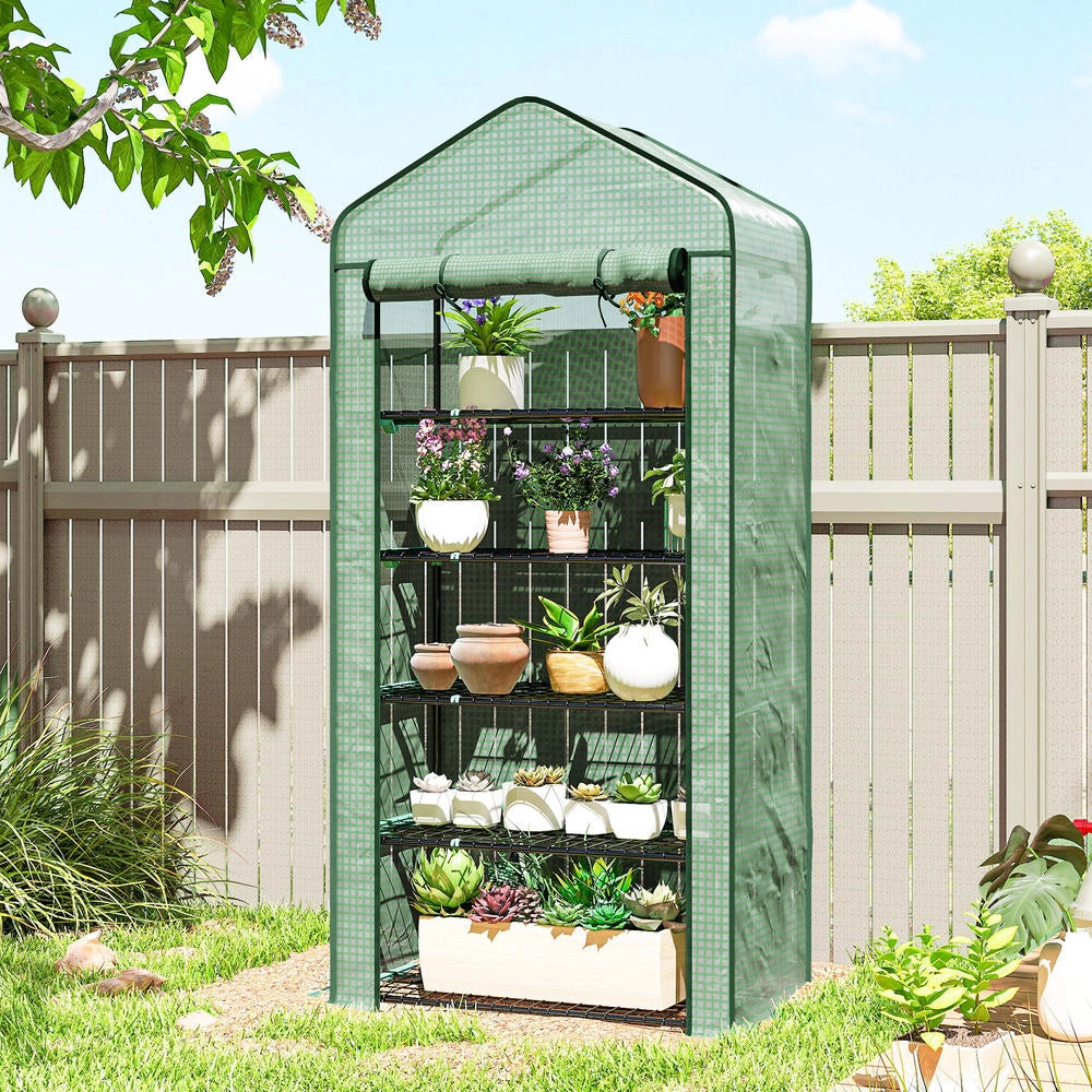 Serra a Casetta per Piante a 5 Livelli in Acciaio e PE con Telo Avvolgibile, per Giardino e Balcone, Verde, 90x49x193 cm